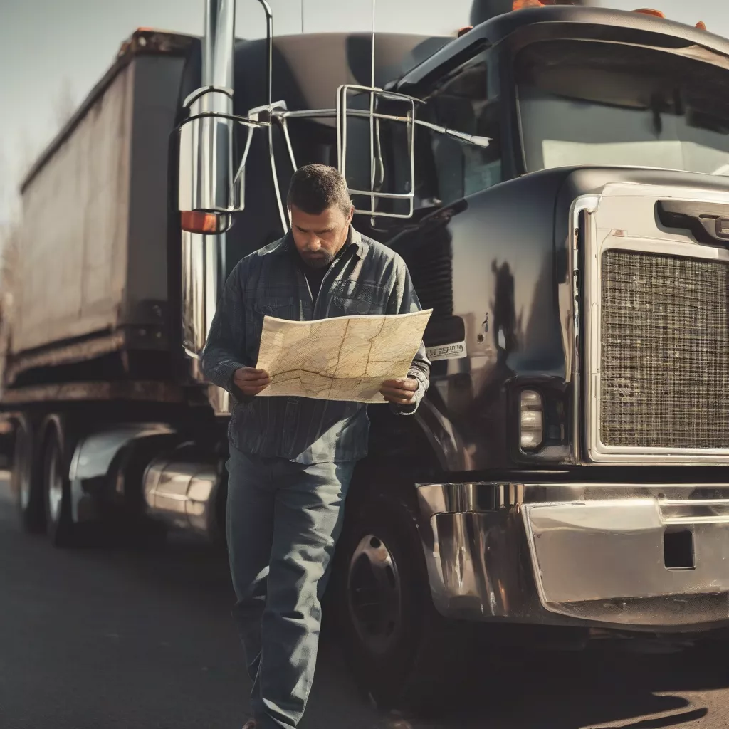 Lkw-Fahrer prüft eine Karte