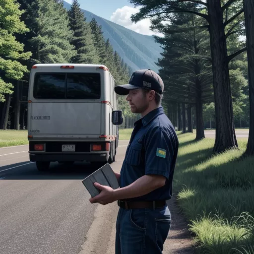 トラック運転手がナンバープレートを確認している様子