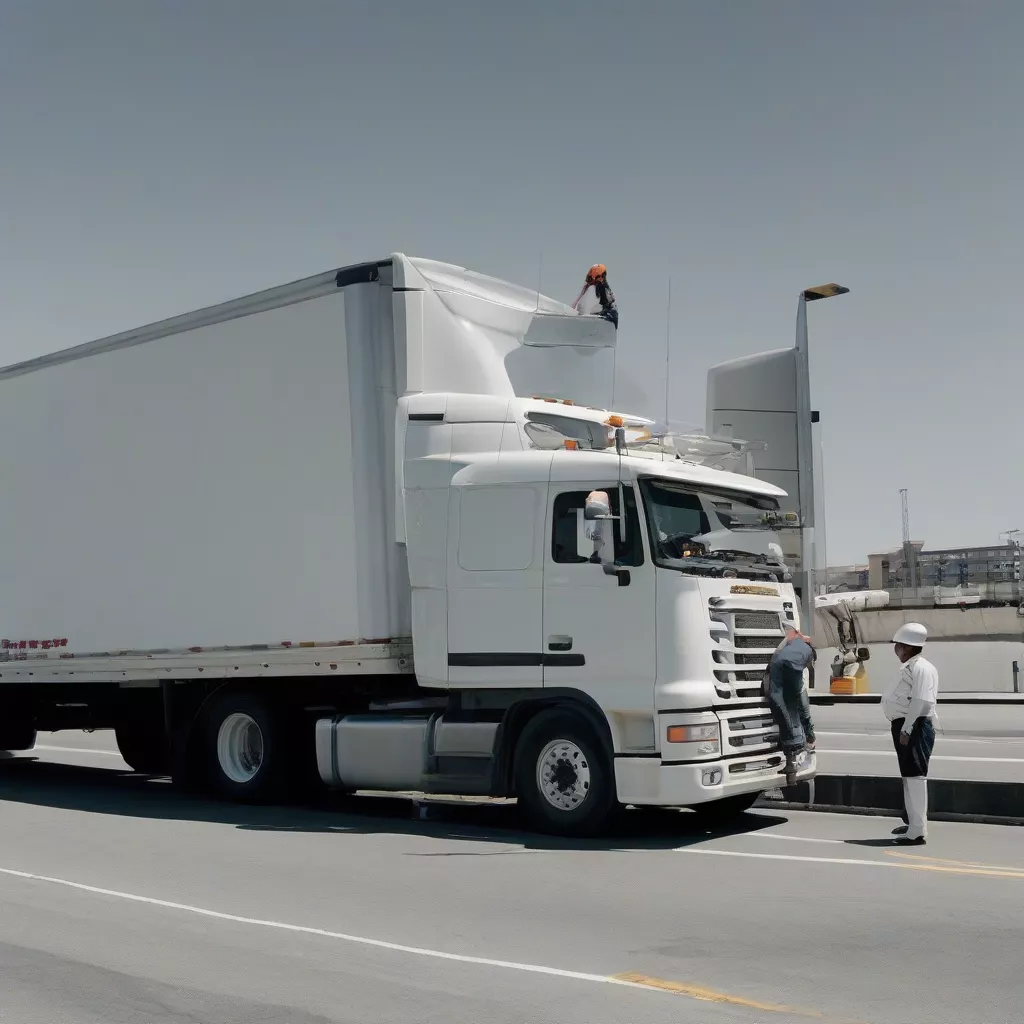 Truck driver checking the height of his truck