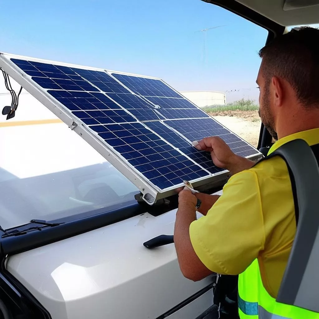 Motorista a verificar o ventilador solar