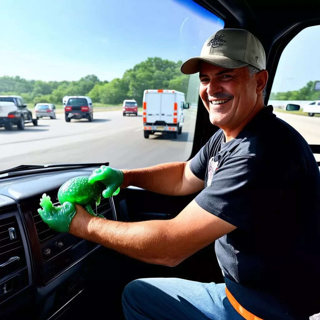 ट्रक ड्राइवर कार धन मेंढक साफ ​​कर रहा है