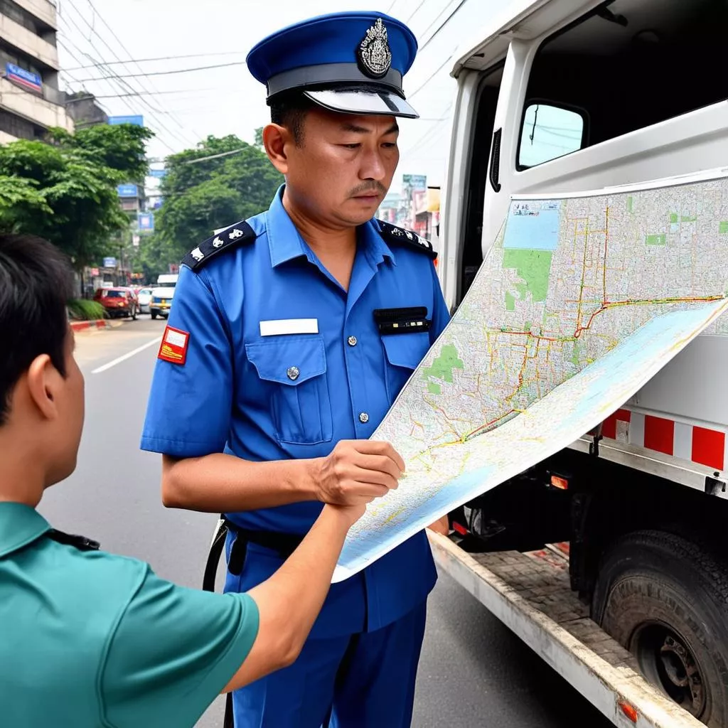 Tài xế xe tải kiểm tra bản đồ