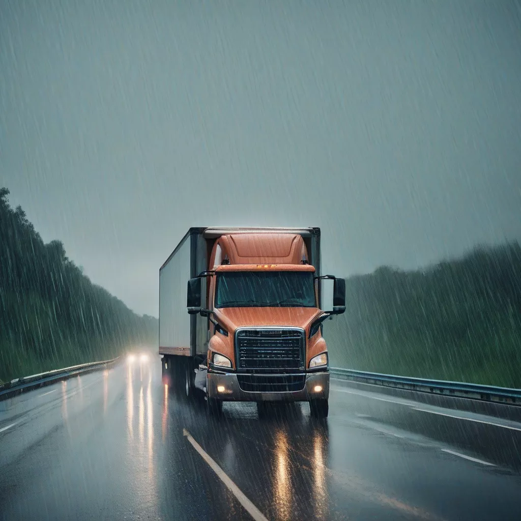 Tài xế xe tải lái xe trong mưa