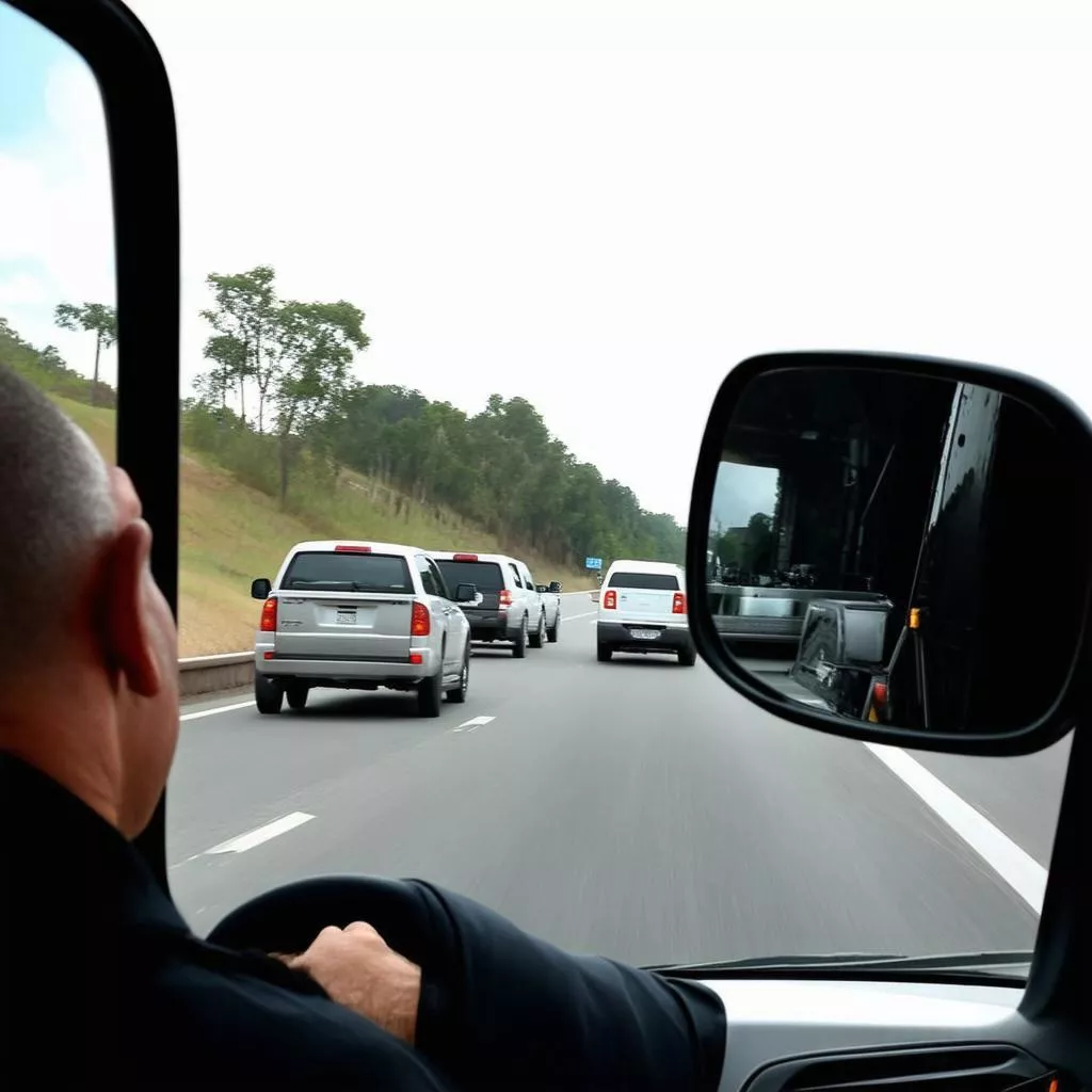 Tài xế xe tải quan sát gương chiếu hậu