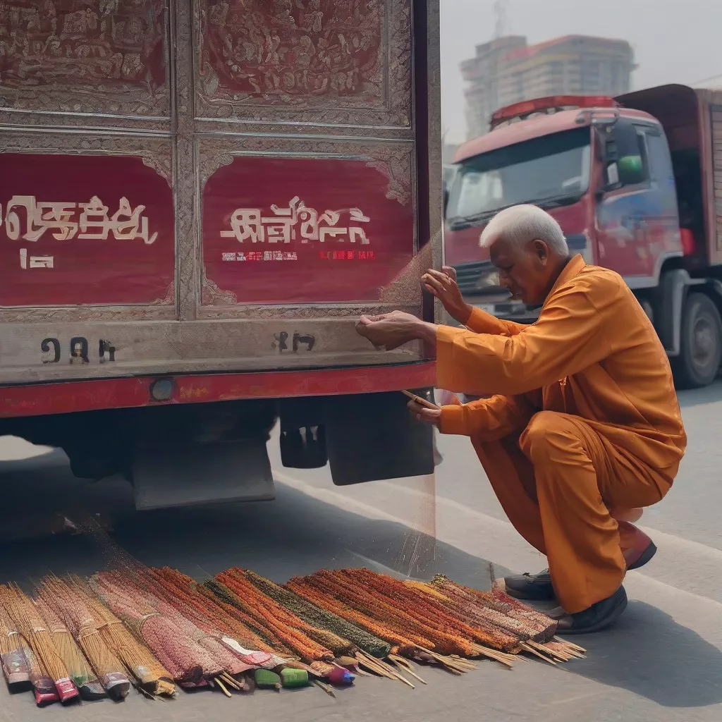 卡车司机出发前焚香祈福