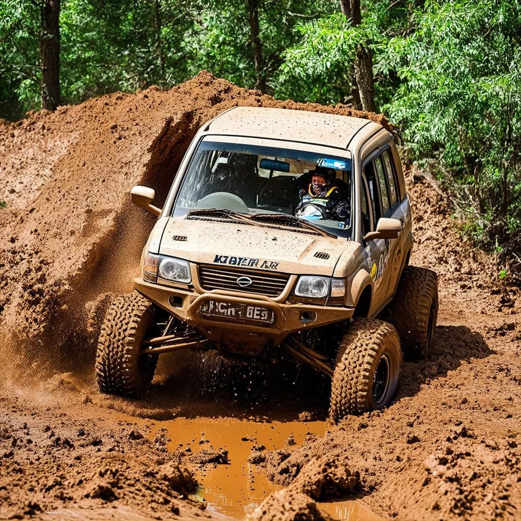 Off-road racer overcoming an obstacle