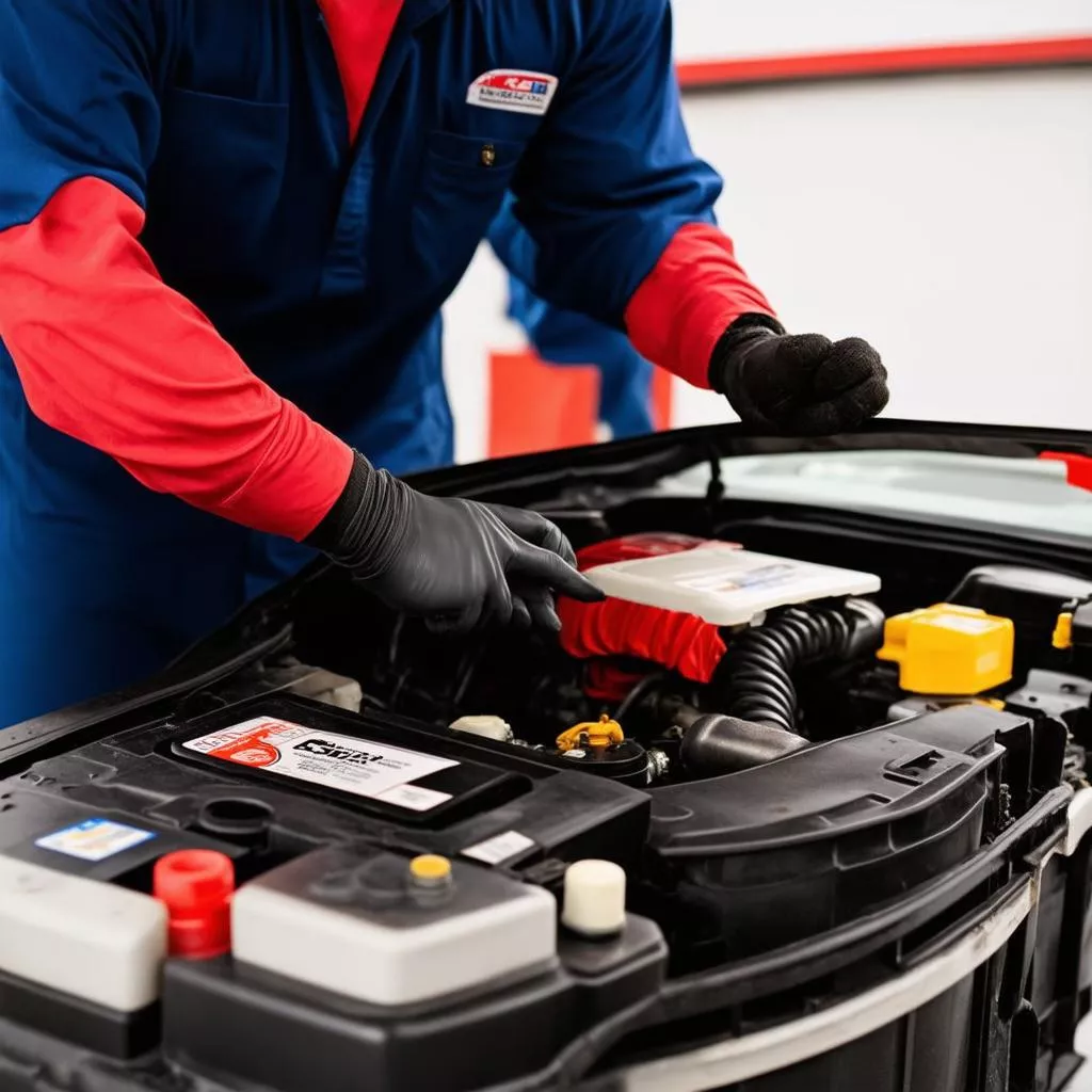 Kỹ thuật viên đang thay ắc quy ô tô