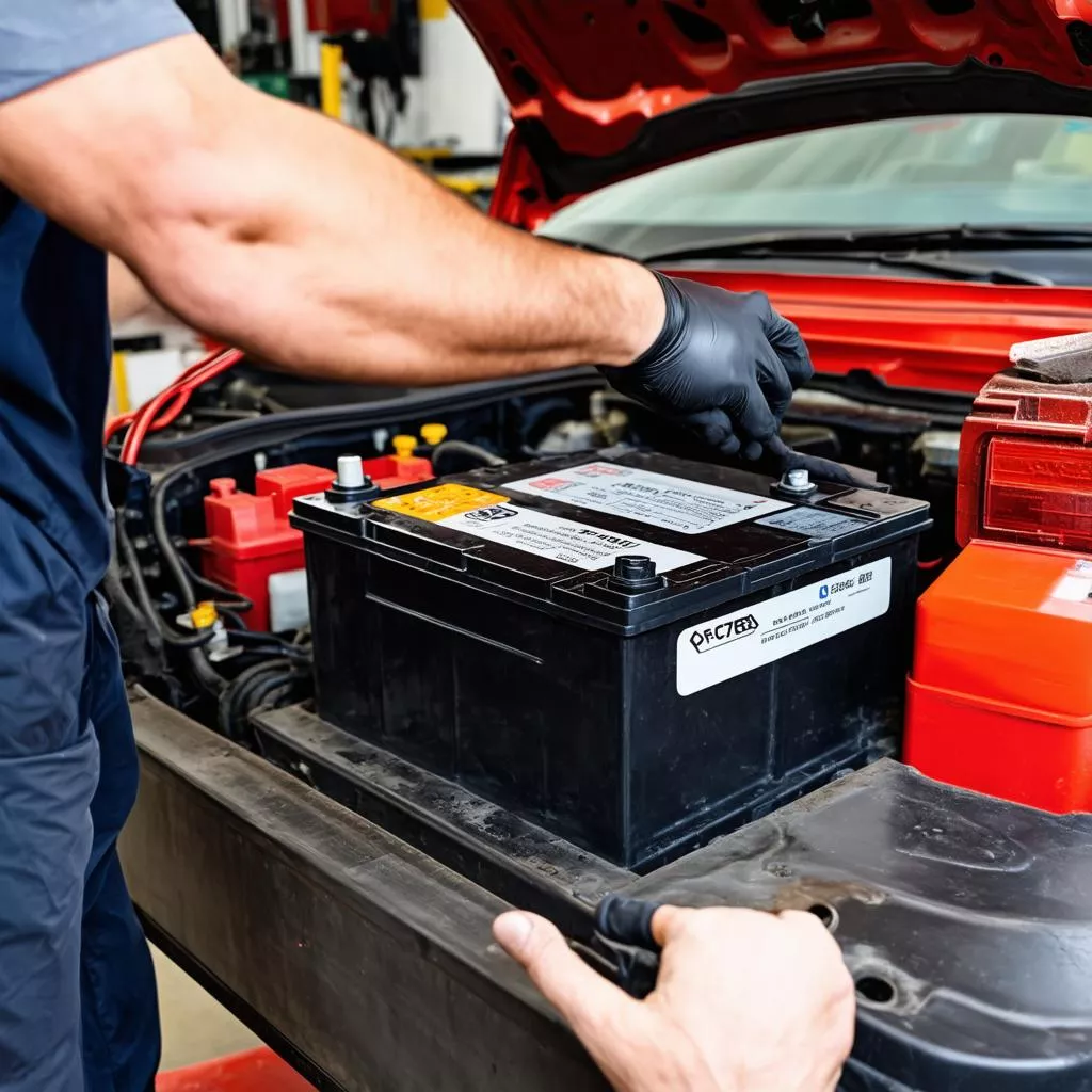 Technician replacing a truck battery