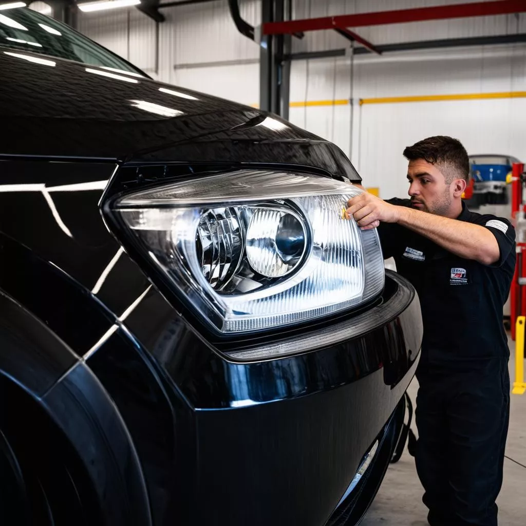 在汽修厂更换汽车车灯