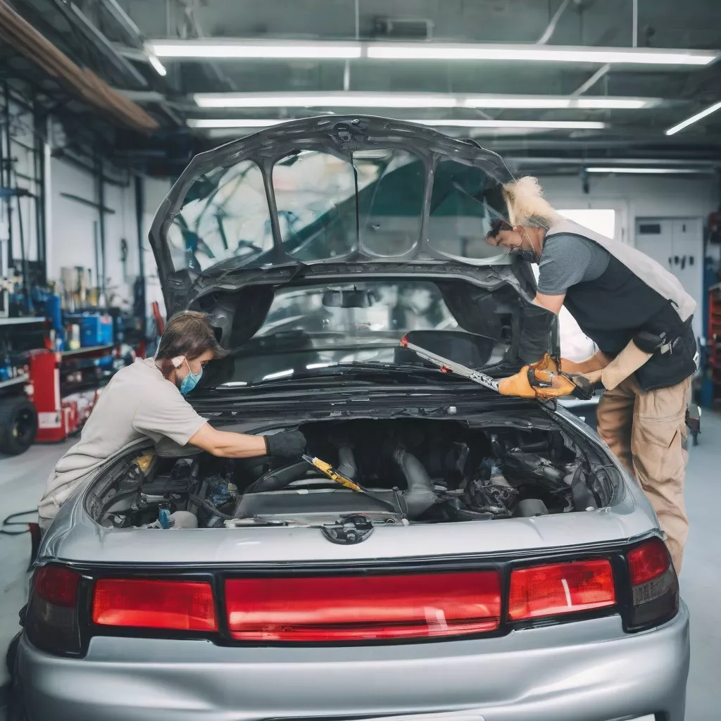 Technician installing a new windshield on a car