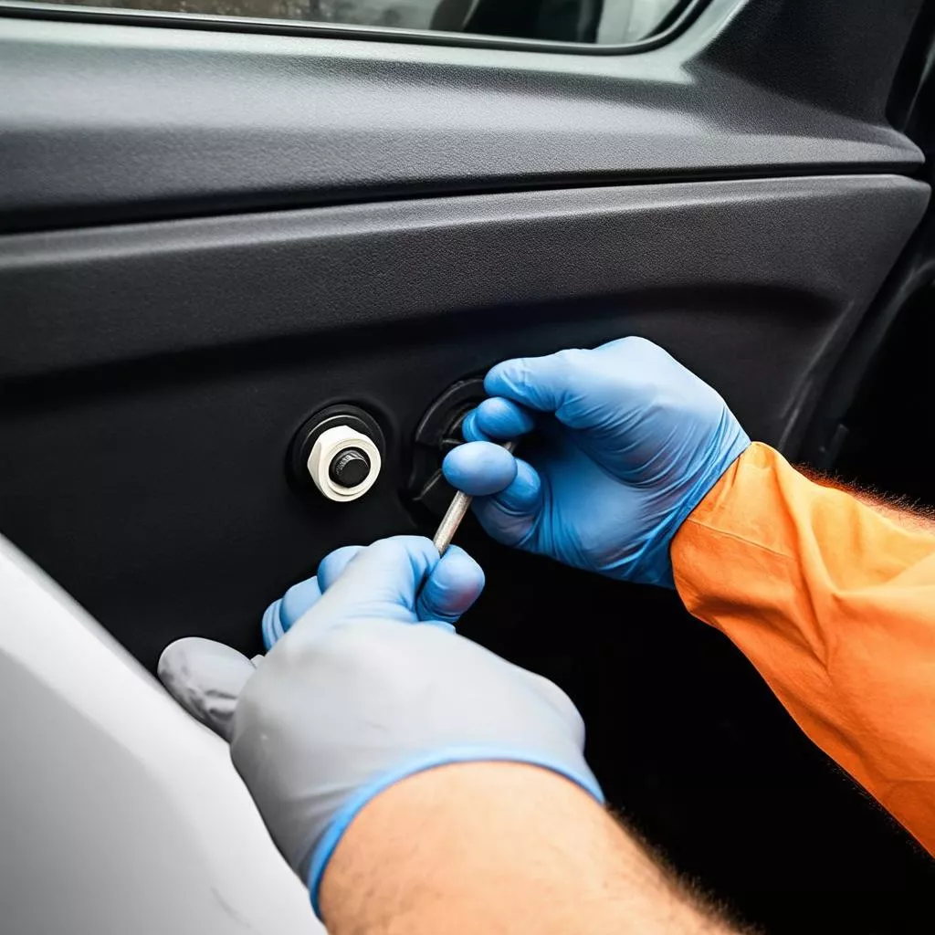 Substituição de um rebite de plástico num automóvel