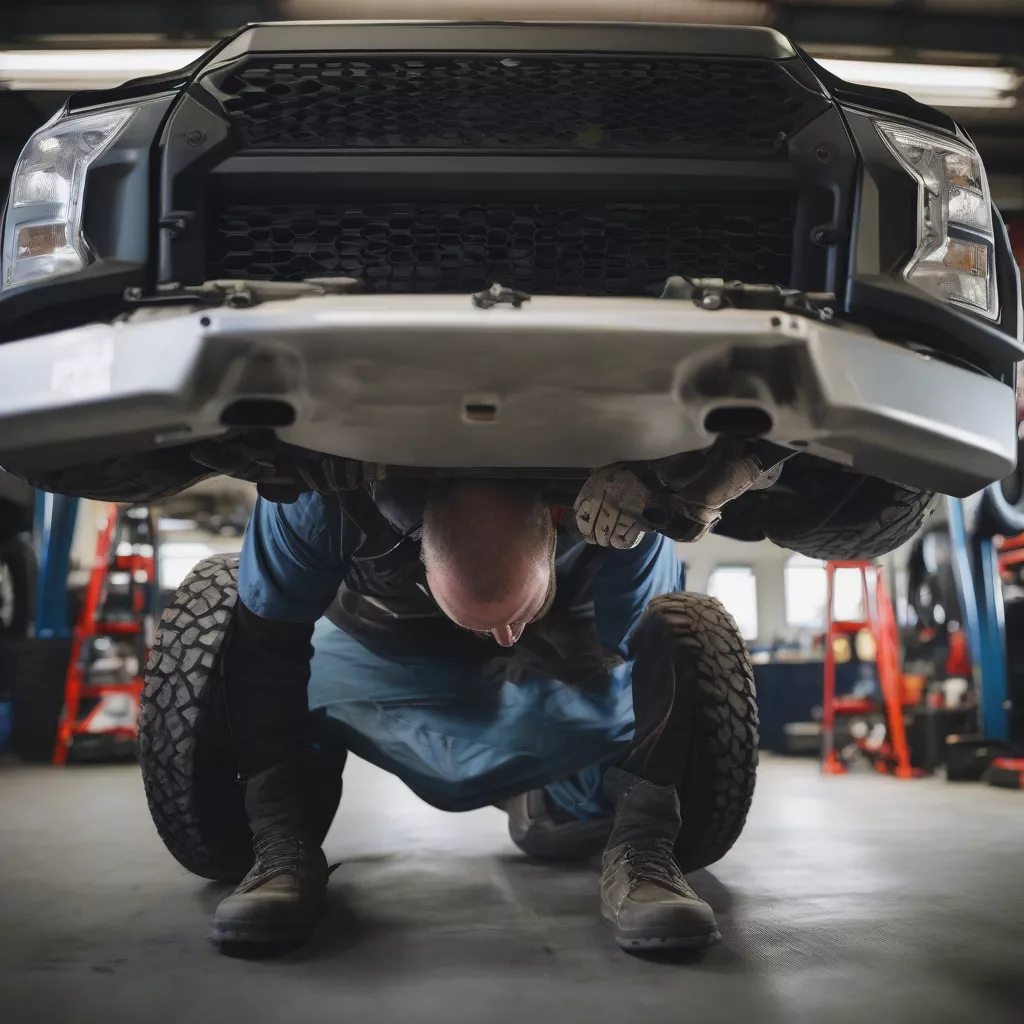 Thợ sửa chữa kiểm tra gầm xe tải