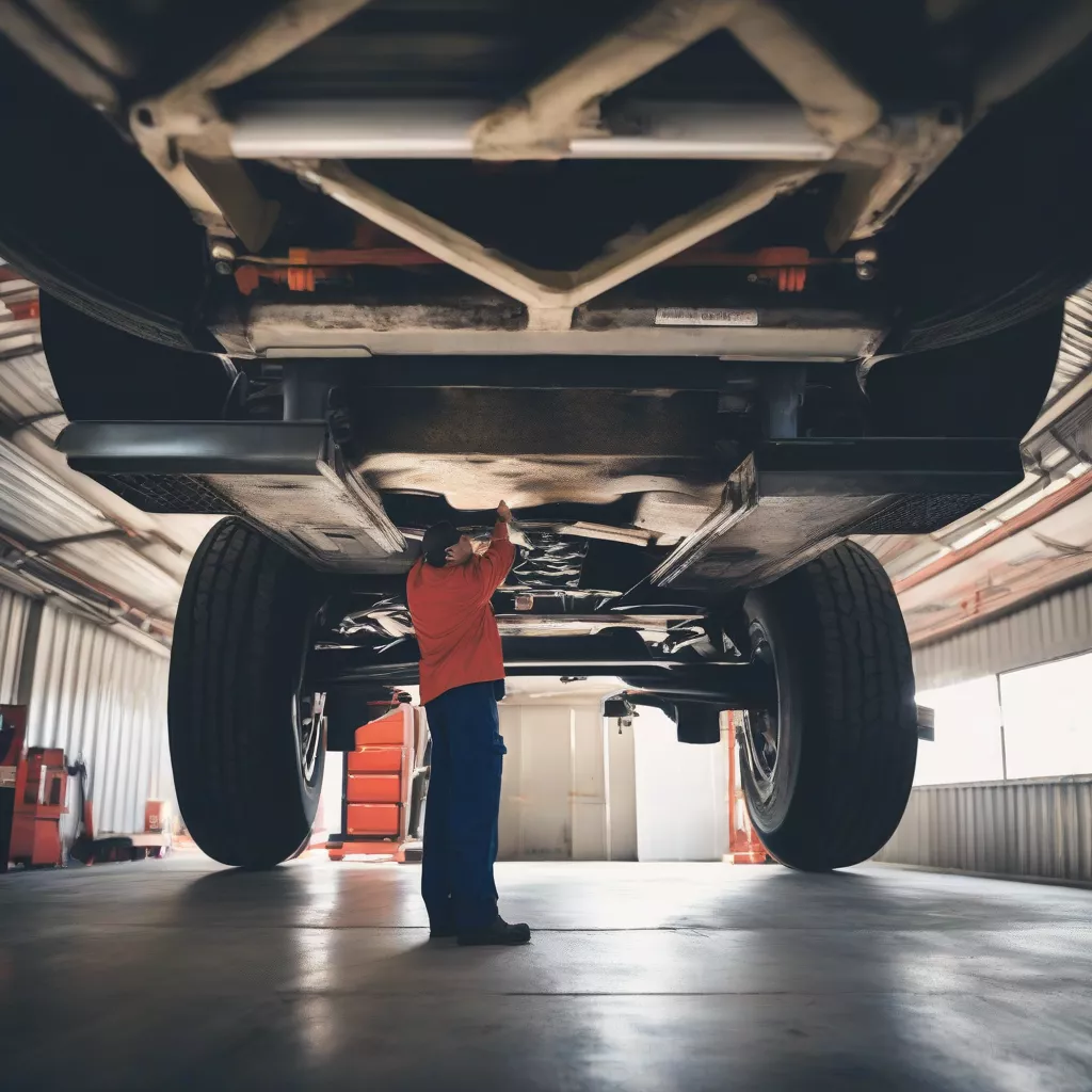 Thợ sửa chữa kiểm tra gầm xe tải với thang nâng