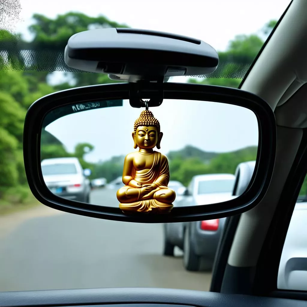 Buddha statue hanging from a car's rearview mirror
