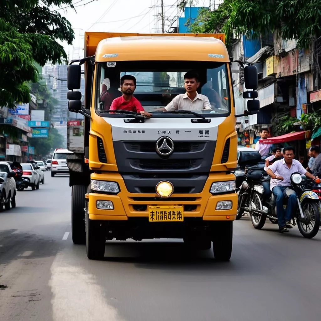 Tài xế lái xe tải trên đường Cầu Giấy