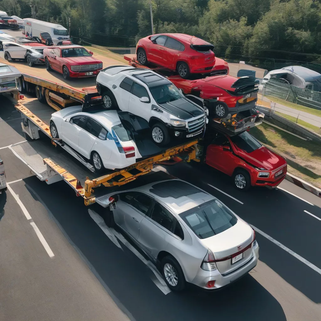 Car being transported on a specialized truck