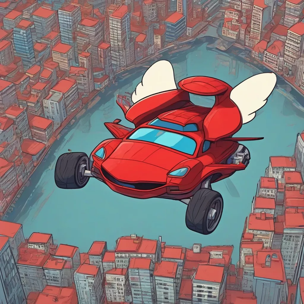 Drawing of a flying car with colorful details