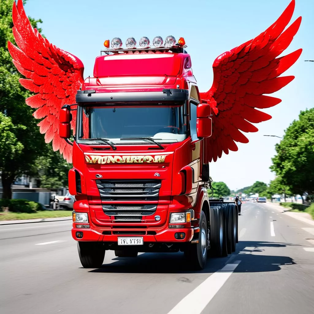 Voiture ailée rouge roulant sur la route