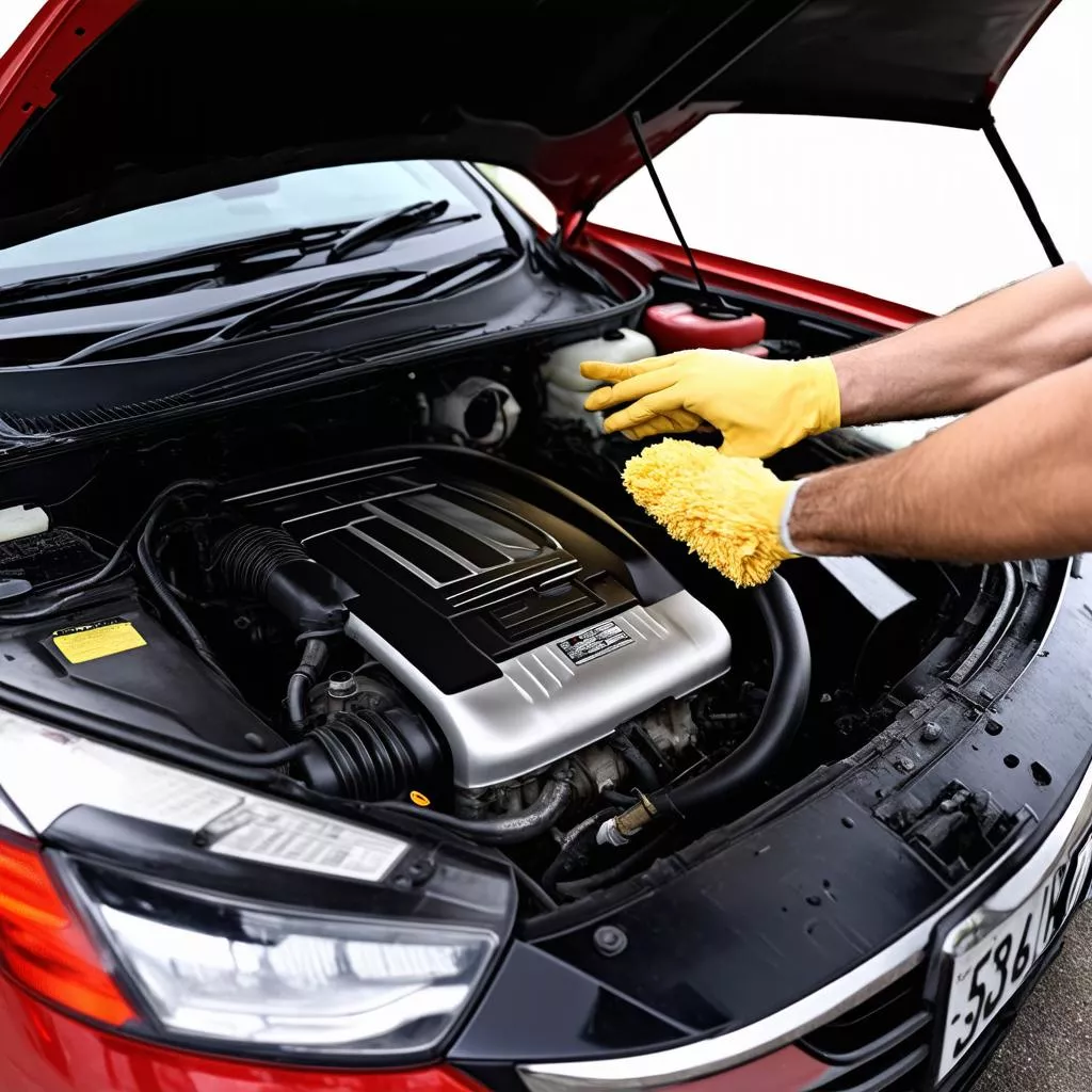 A person cleaning a car engine