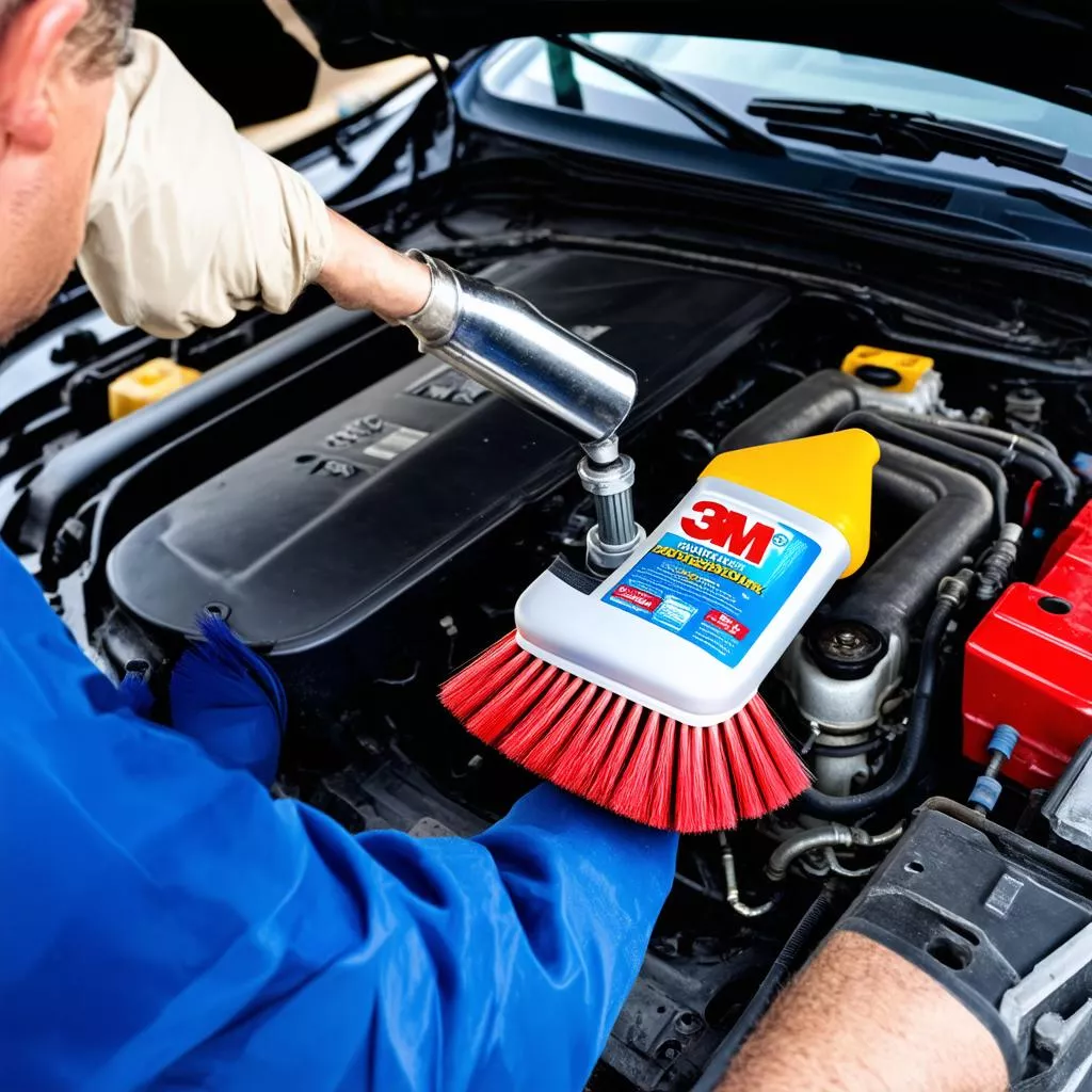 Người thợ đang vệ sinh khoang máy ô tô