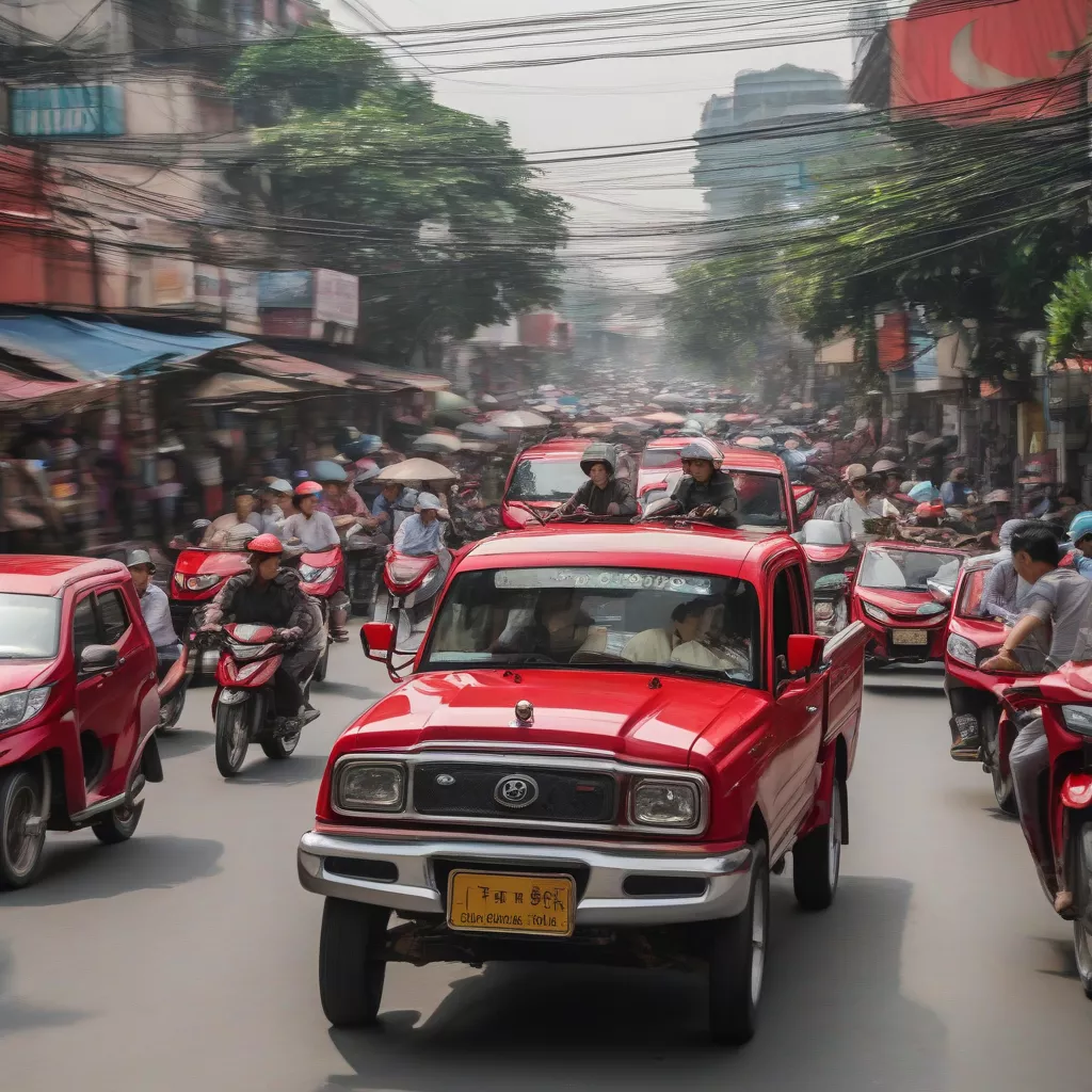 Xe bán tải Thaco di chuyển trên đường phố