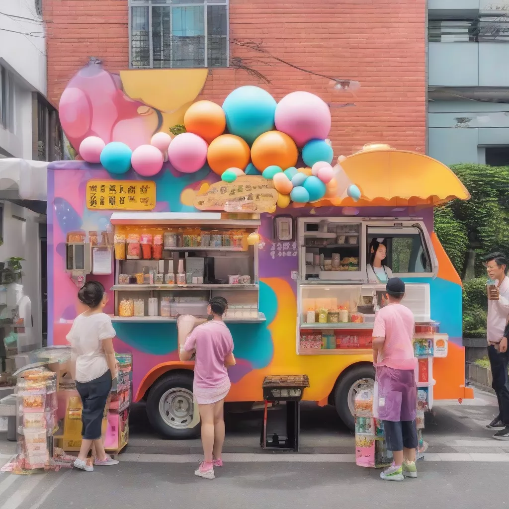 화려한 색상의 버블티 푸드트럭