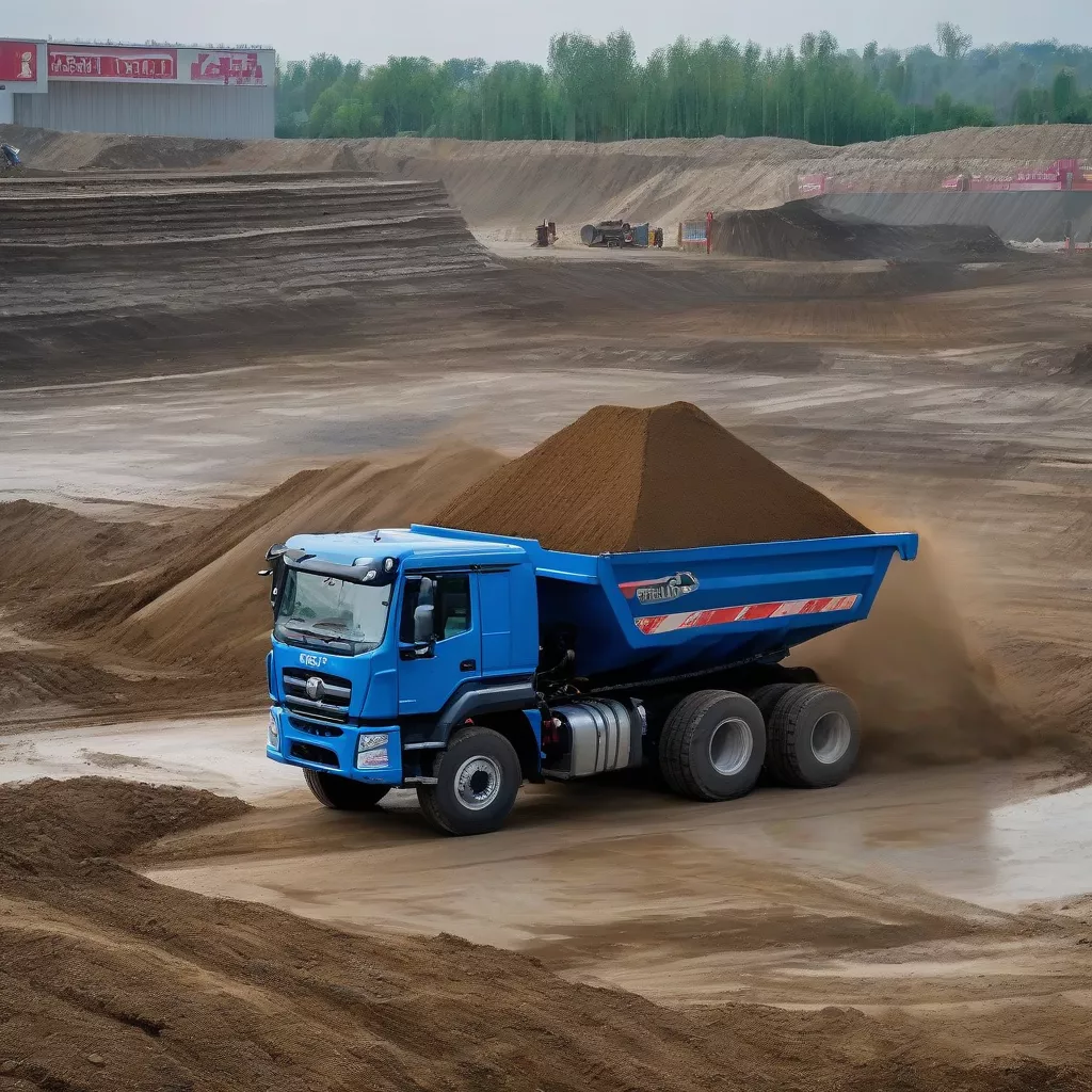 Blue FAW 7T7 - 180HP dump truck unloading soil at a construction site