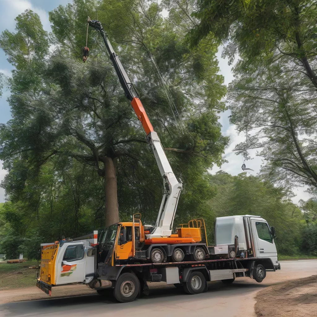 Tree crane truck in operation