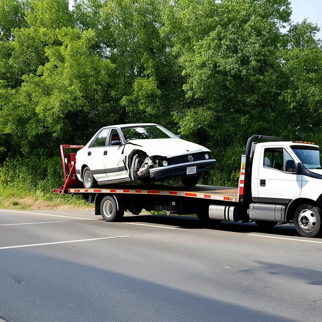 Xe cứu hộ đang cẩu xe ô tô bị tai nạn