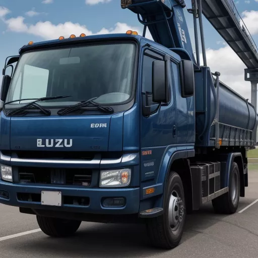 Blue Isuzu FVM34T 13-ton crane truck with Unic URV634 crane transporting goods