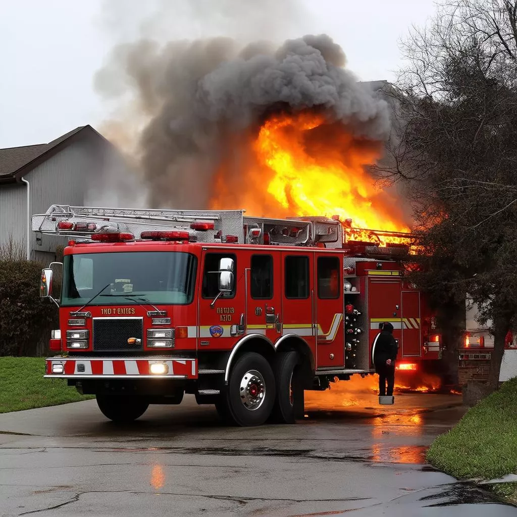 消防车正在扑灭城市中房屋的大火