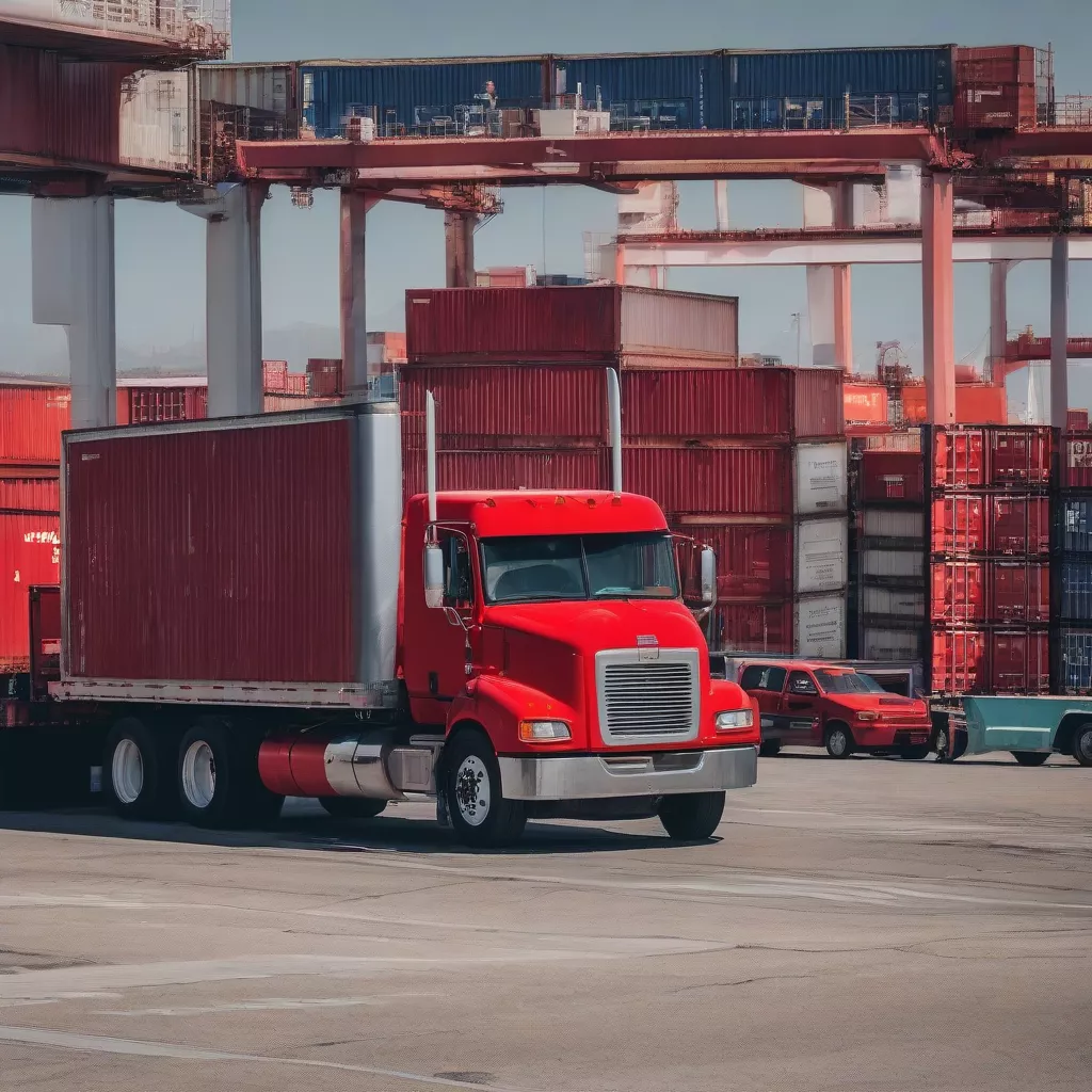American cabover truck unloading cargo at a port