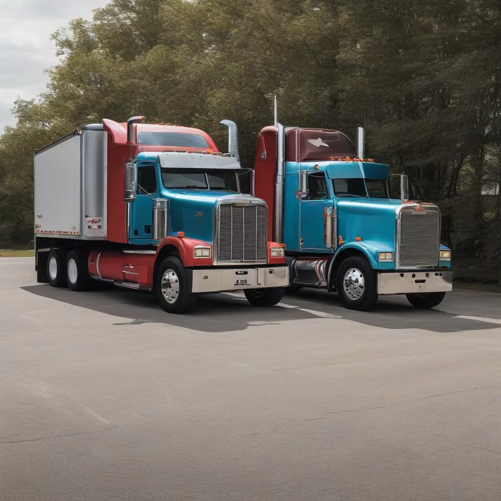 Two American cabover trucks parked side by side