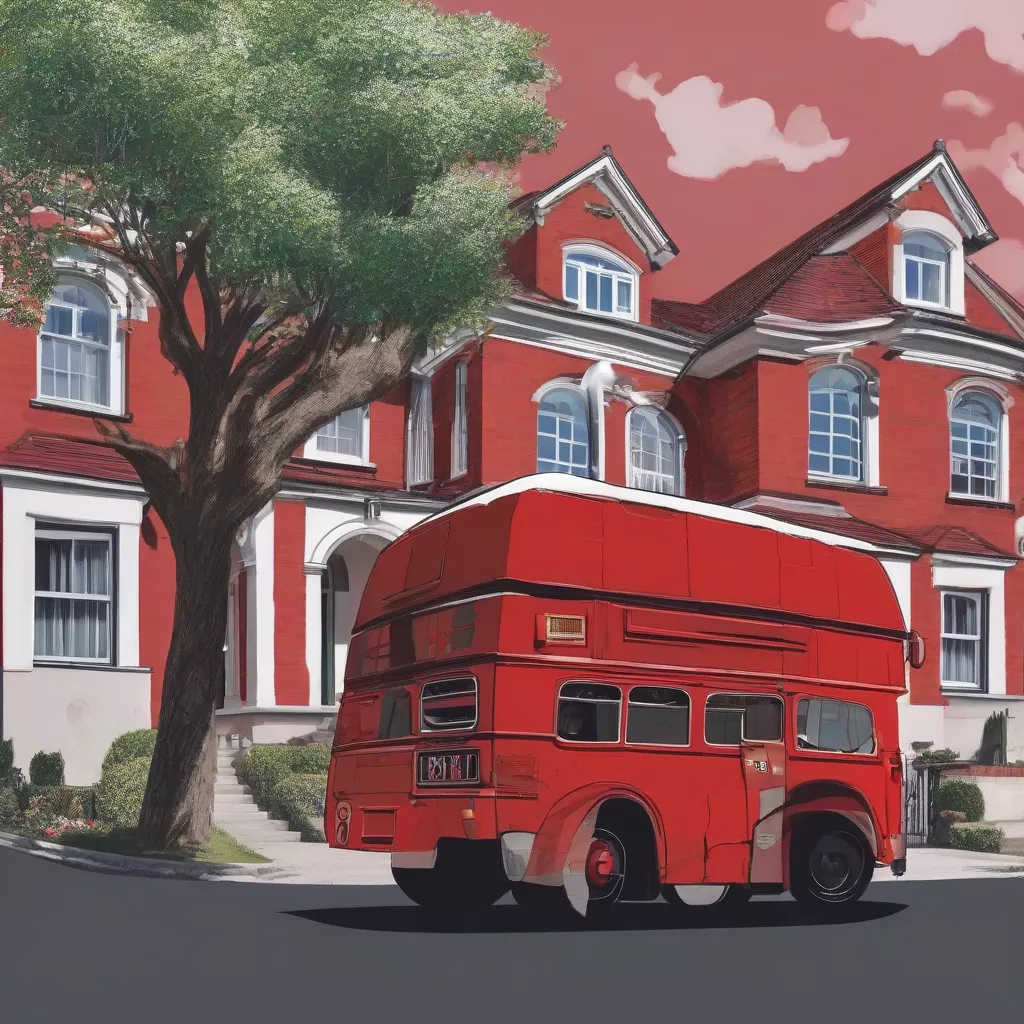 Red bus parked in front of a house