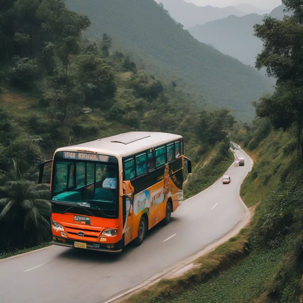 Autocarro a circular numa estrada de montanha em Son La