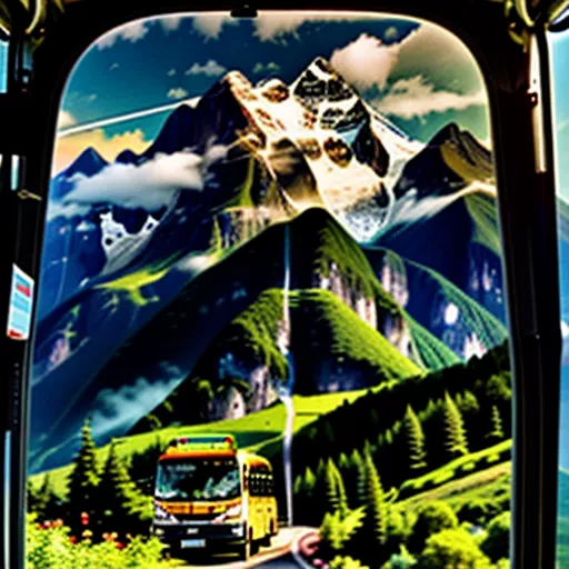 Autocarro a viajar por uma paisagem natural majestosa