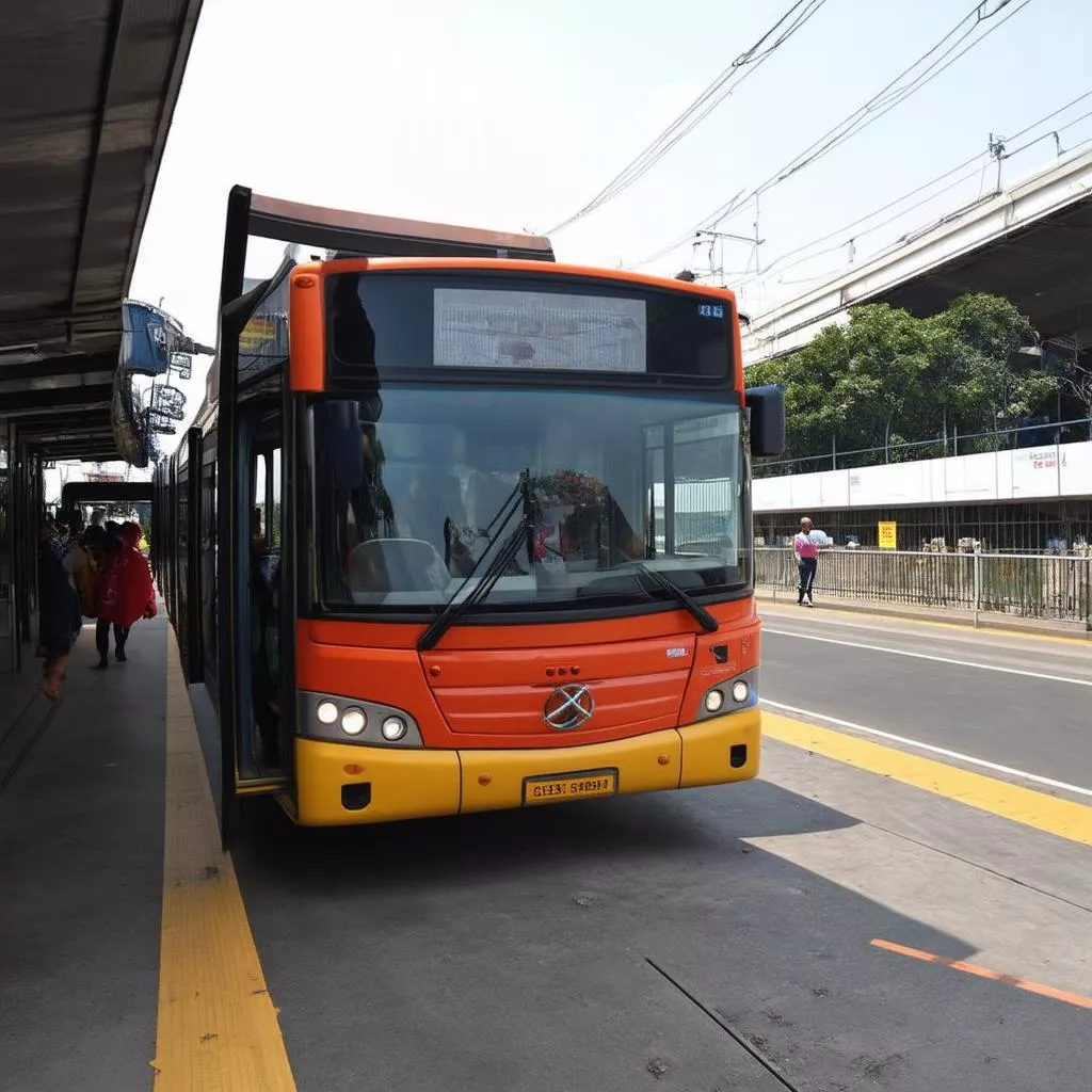 Passenger bus picking up passengers at the terminal