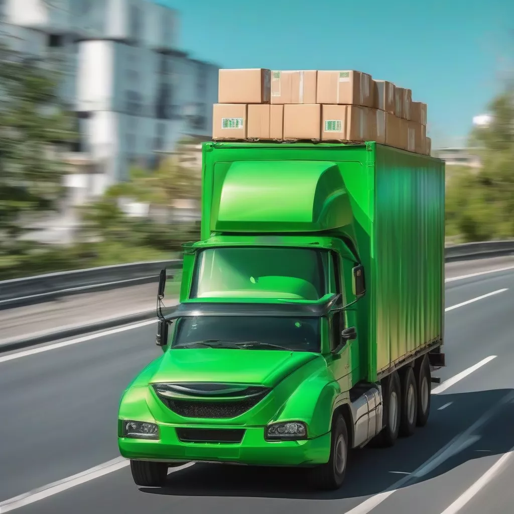 Xe ô tô bóng màu xanh đang vận chuyển hàng hóa