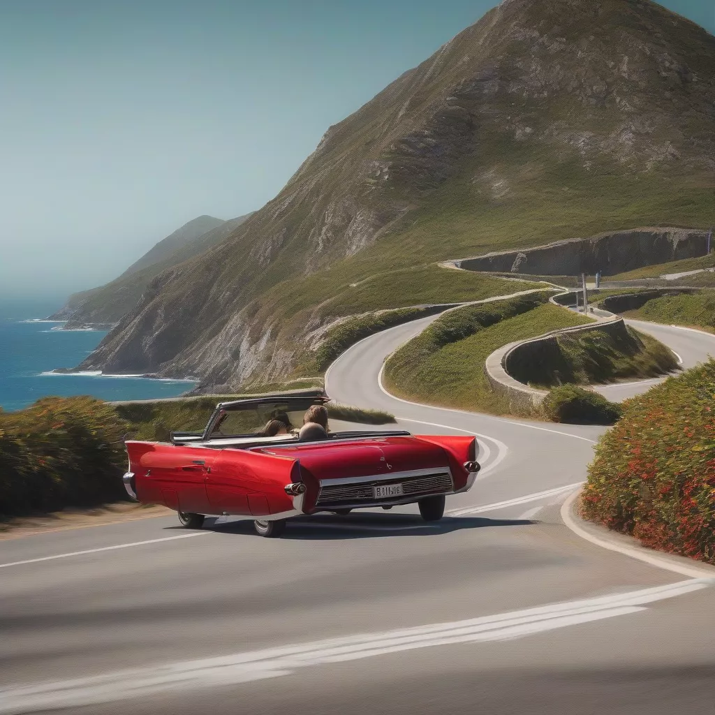 Convertible car driving on a coastal road