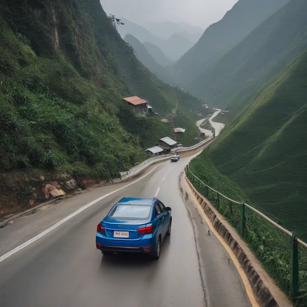 Carro a conduzir numa estrada de montanha em Hà Giang