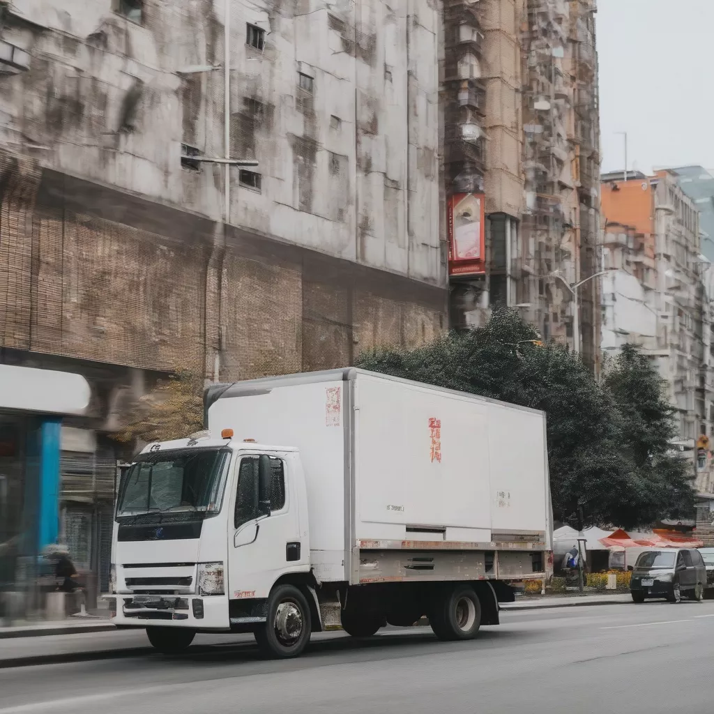 都市部で貨物を運ぶ冷凍5トントラック