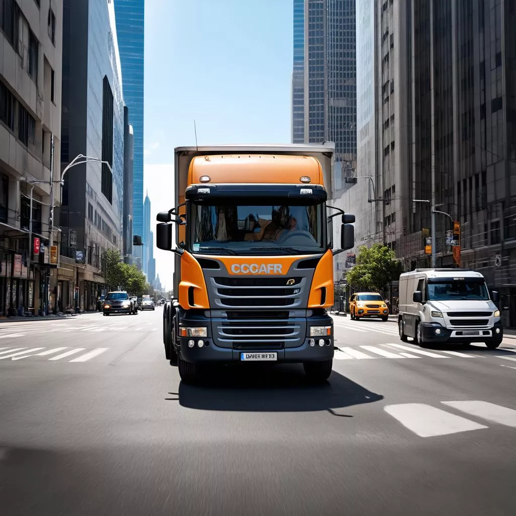 A G version truck navigating city streets