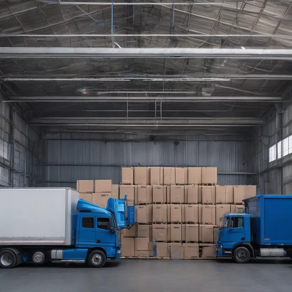 Ein LKW mit blauem Kennzeichen wird in einem Lagerhaus entladen