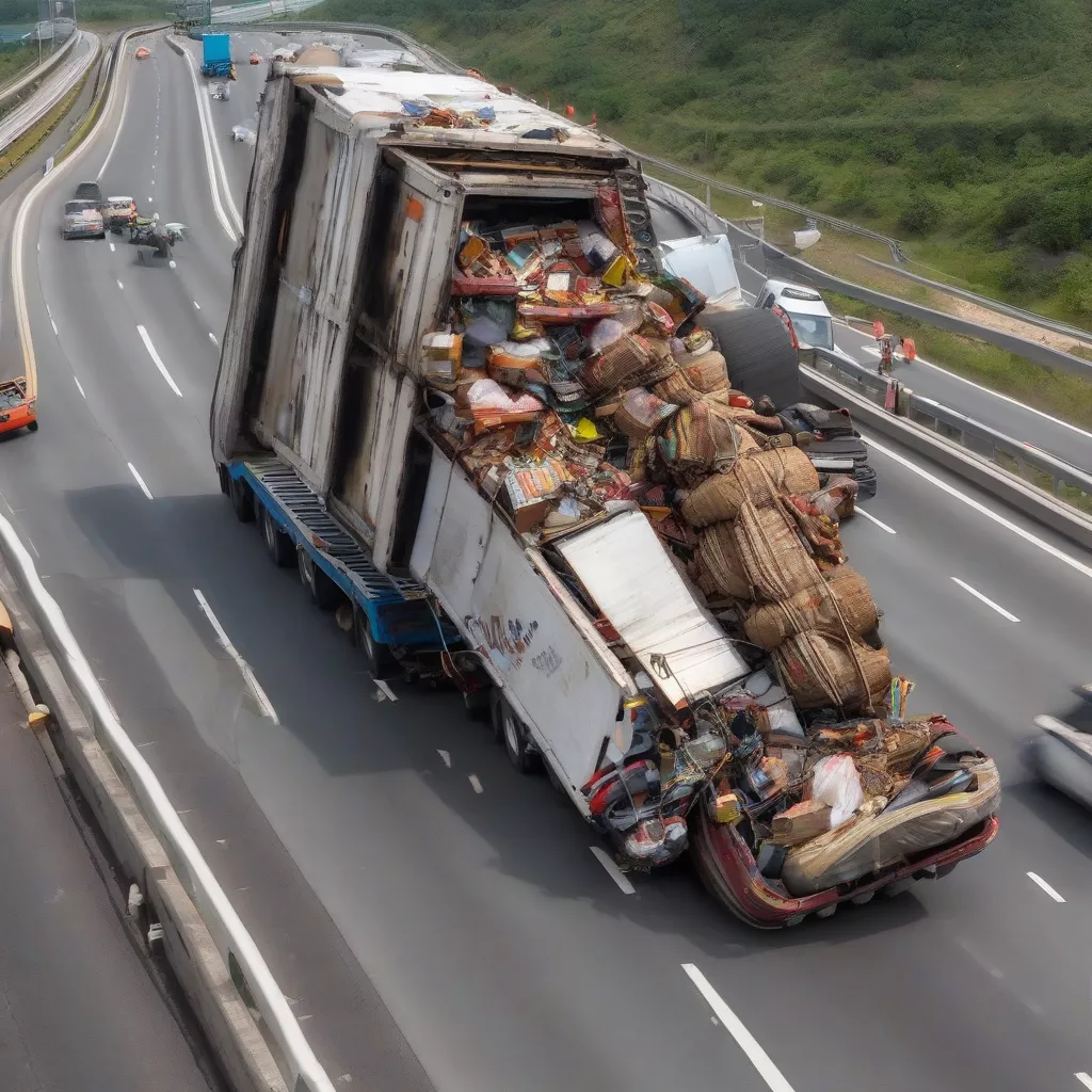 Xe tải chở đầy hàng hóa bị lật