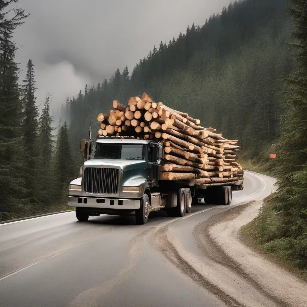 Log truck driving on a mountain road
