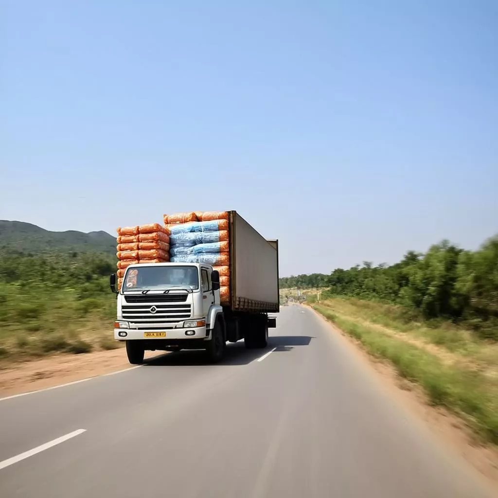 Xe tải chở hàng đi trên đường