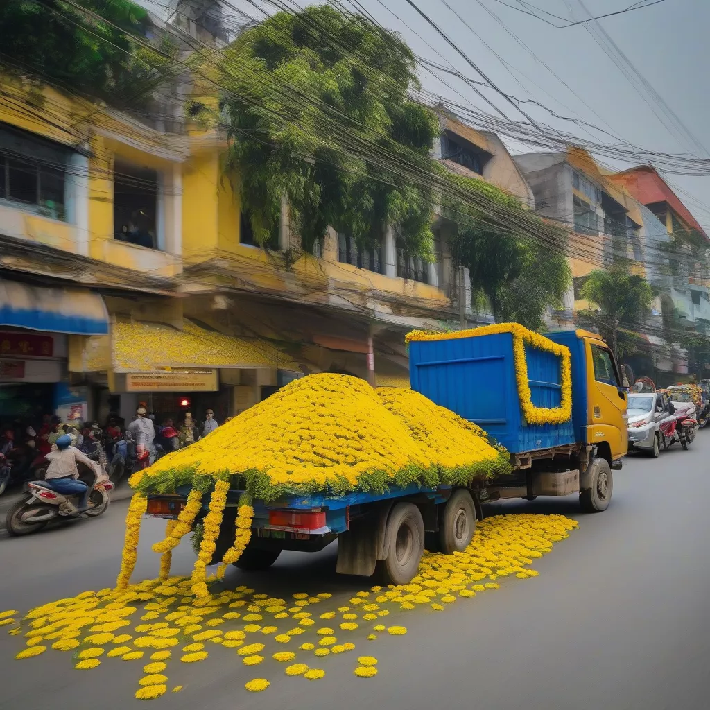 LKW transportiert Aprikosenblüten zum Tet-Fest