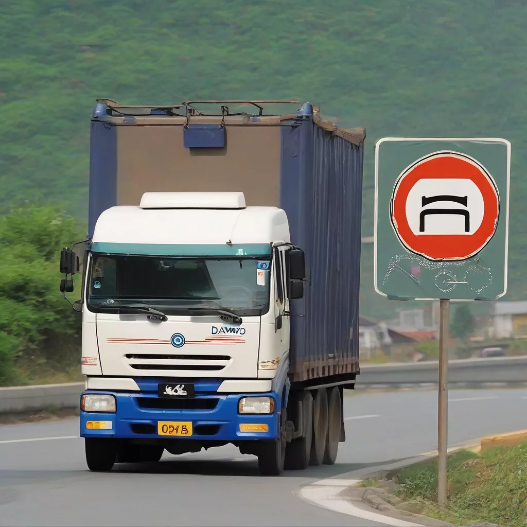 Xe Tải Daewoo di chuyển trên đường vừa có biển cấm vượt