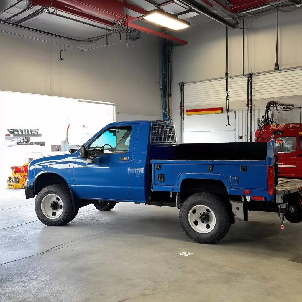 Truck undergoing maintenance at a garage