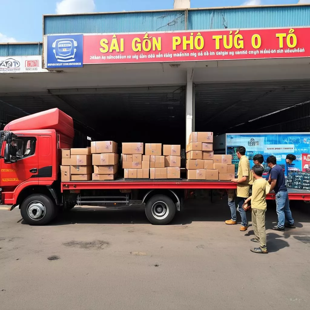 Xe tải đang đổ phụ tùng